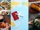 "Colagem com pratos típicos, café, croissant, sushi, tacos e um passaporte japonês sobre mapa-múndi, simbolizando viagens para um roteiro gourmet