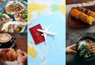"Colagem com pratos típicos, café, croissant, sushi, tacos e um passaporte japonês sobre mapa-múndi, simbolizando viagens para um roteiro gourmet