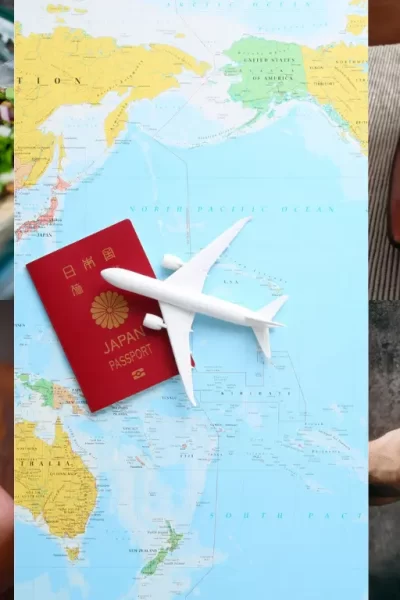 "Colagem com pratos típicos, café, croissant, sushi, tacos e um passaporte japonês sobre mapa-múndi, simbolizando viagens para um roteiro gourmet
