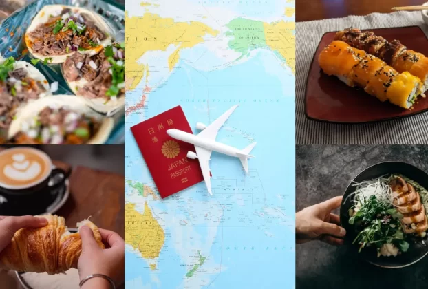 "Colagem com pratos típicos, café, croissant, sushi, tacos e um passaporte japonês sobre mapa-múndi, simbolizando viagens para um roteiro gourmet
