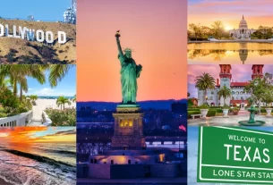 Collage de atrações turísticas dos EUA (Hollywood, Estátua da Liberdade, Capitol, praia e Texas).