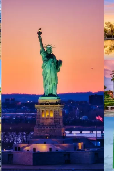 Collage de atrações turísticas dos EUA (Hollywood, Estátua da Liberdade, Capitol, praia e Texas).