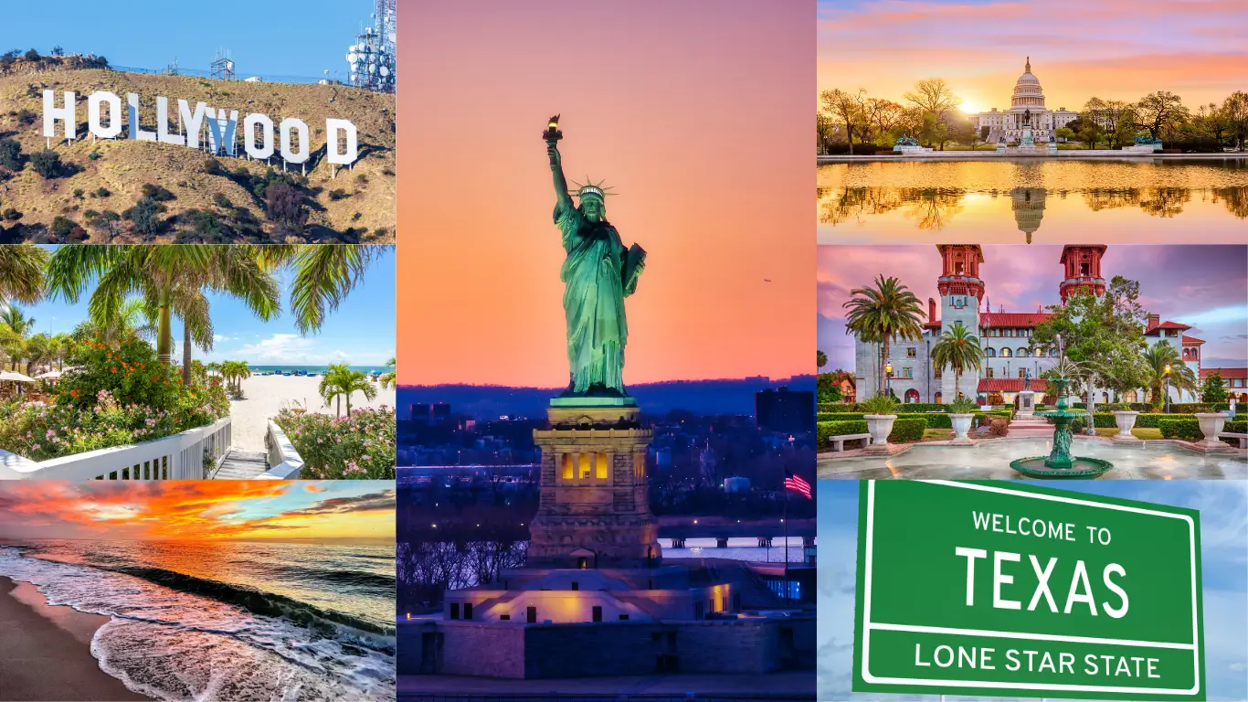Collage de atrações turísticas dos EUA (Hollywood, Estátua da Liberdade, Capitol, praia e Texas).